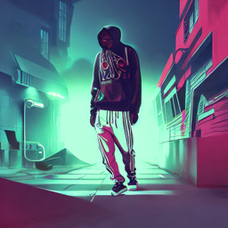 Hip hop image of a man with a hoodie walking through the street.